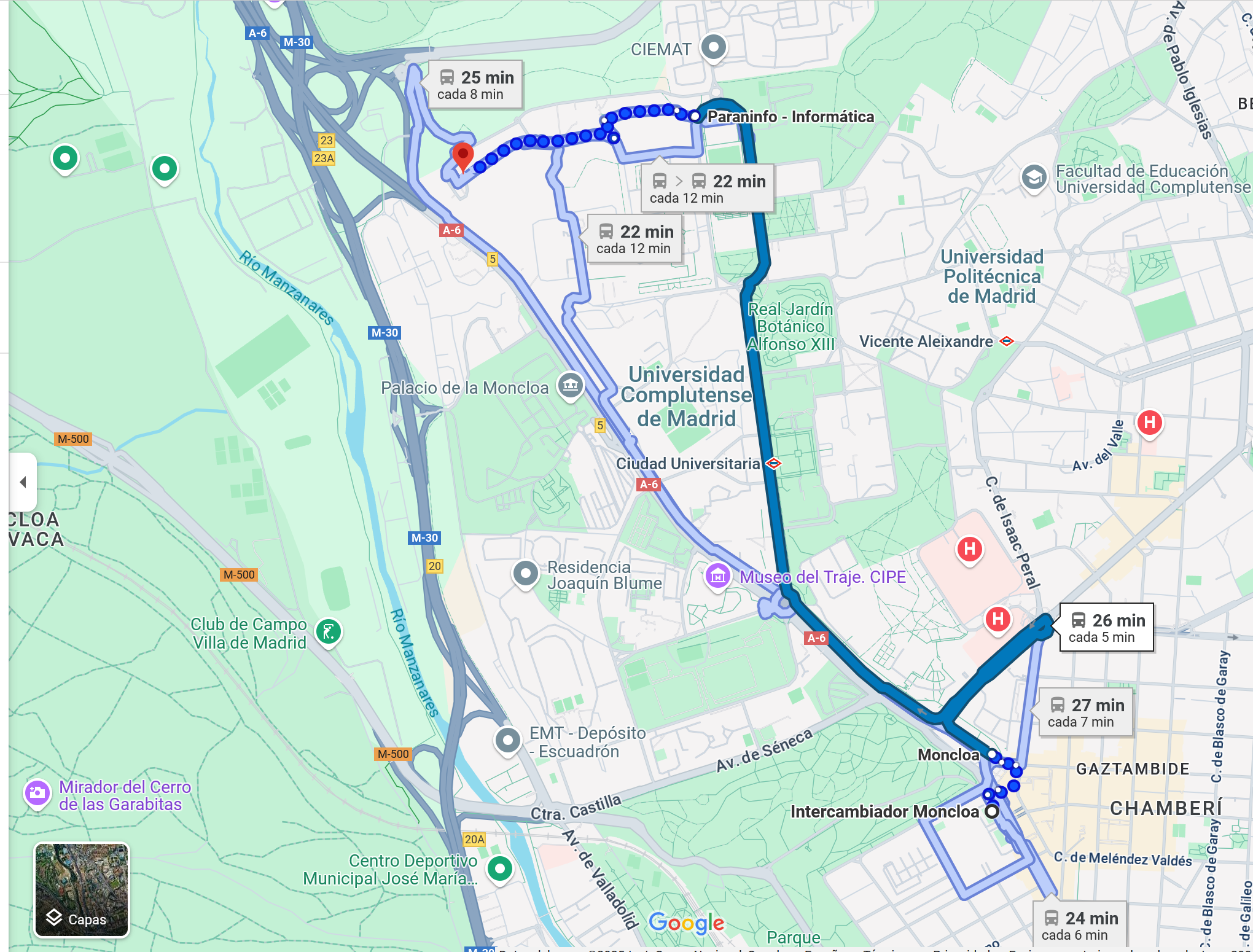 Map showing route from Moncloa Interchange to UNED Faculty of Education via Bus Line G